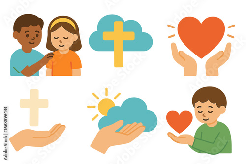 Children's Sermon Themes. Flat vector mini-illustrations sermon themes in colors children's illustrations: forgiveness, salvation,