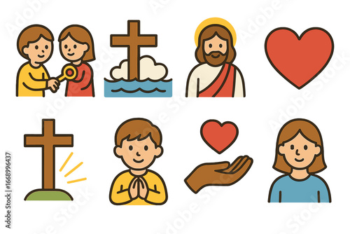 Children's Sermon Themes. Flat vector mini-illustrations sermon themes in colors children's illustrations: forgiveness, salvation,
