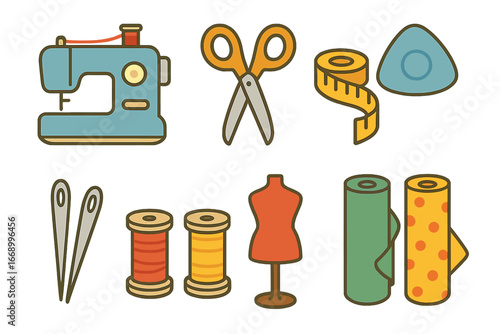 Children's Sewing Tools. Flat vector mini-illustrations atelier tools in colors children's illustrations: sewing machine, scissors
