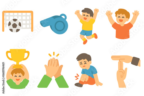 Children's Sports Icons. Flat vector mini-illustrations reaction in sports in colors children's illustrations: goal scored,