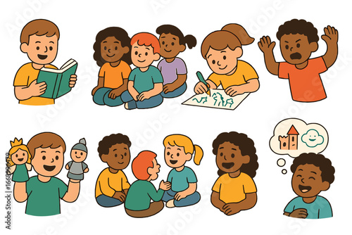 Children's Storytelling Icons. Flat vector mini-illustrations storytelling activities in colors children's illustrations: child