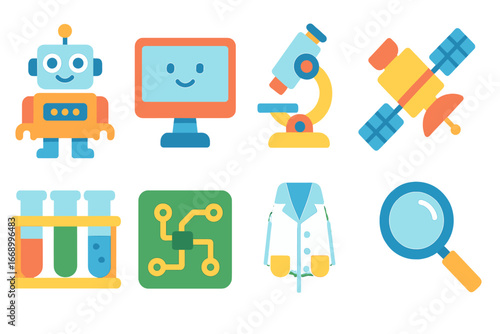 Children's Tech Icons. Flat vector mini-illustrations technology research in colors children's illustrations: robot, computer