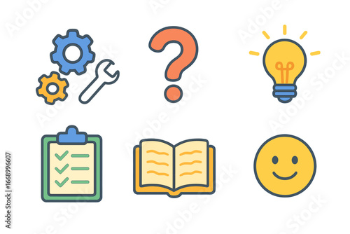 Children's Troubleshooting Icons. Flat vector mini-illustrations manual troubleshooting in colors children's illustrations: gears,