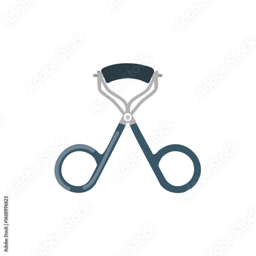 Close-up view of a dark blue eyelash curler with a grey frame and black rubber pad against a white background