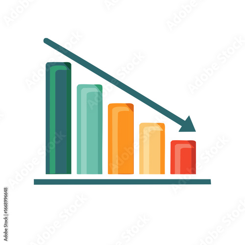 Declining graph with bar chart and down arrow, vector graphic