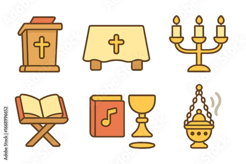 Church Items Collection. Flat vector mini-illustrations bible church items in colors children's illustrations: pulpit, altar cloth