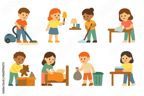 Clean Room Activities. Flat vector mini-illustrations clean room activities in colors children's illustrations: vacuuming, dusting