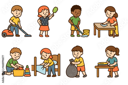 Clean Room Activities. Flat vector mini-illustrations clean room activities in colors children's illustrations: vacuuming, dusting