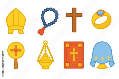 Clergy Accessories Icons. Flat vector mini-illustrations Clergy accessories in colors children's illustrations: mitre, prayer rope