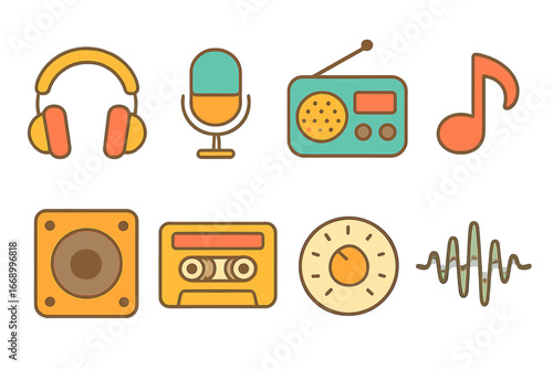 Colorful Audio Icons. Flat vector mini-illustrations audio output in colors children's illustrations: headphones, microphone,