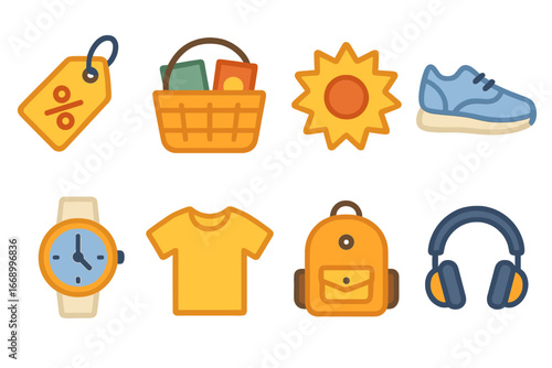 Colorful Bargain Icons. Flat vector mini-illustrations cheap products in colors children's illustrations: discount tag, bargain