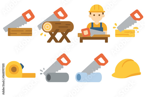Colorful Carpentry Icons. Flat vector mini-illustrations saw usage in colors children's illustrations: saw cutting wood, sawing