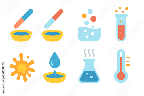 Colorful Chemistry Icons. Flat vector mini-illustrations color change reactions in colors children's illustrations: blue to red