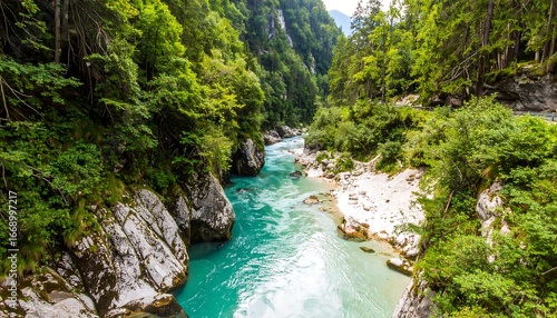 Turquoise river winding through a lush valley