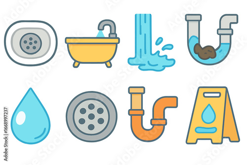 Colorful Children's Drains. Flat vector mini-illustrations water drain in colors children's illustrations: sink drain, bathtub