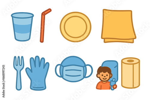 Colorful Children's Icons. Flat vector mini-illustrations single-use items in colors children's illustrations: disposable cup,