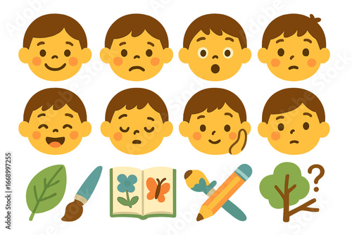 Colorful Children's Emotions. Flat vector mini-illustrations diary emotions in colors children's illustrations: happy face, sad