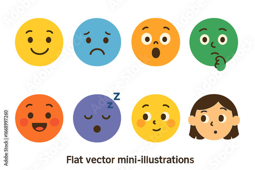 Colorful Children's Emotions. Flat vector mini-illustrations diary emotions in colors children's illustrations: happy face, sad