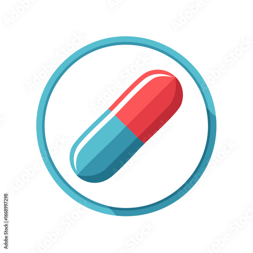 Red and blue pharmaceutical capsule inside a circular symbol representing health medical treatment or medication.