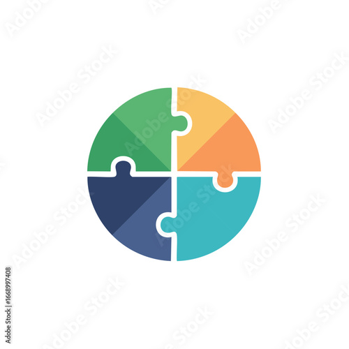 Circular four piece puzzle with interlocking elements in vibrant colors forming a cohesive unit