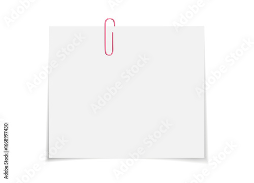 Blank white paper with paperclip in various colors. Flat vector illustration of notepads for text, reminders, or office stationery design.