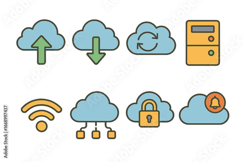 Colorful Cloud Backup Icons. Flat vector mini-illustrations cloud backup in colors children's illustrations: cloud with upload