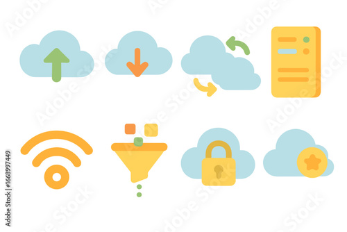 Colorful Cloud Backup Icons. Flat vector mini-illustrations cloud backup in colors children's illustrations: cloud with upload