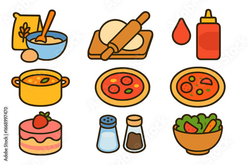 Colorful Cooking Icons. Flat vector mini-illustrations bases in cooking and food in colors children's illustrations: baking base,