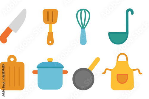 Colorful Cooking Tools. Flat vector mini-illustrations cooking tools in colors children's illustrations: knife, spatula, whisk,