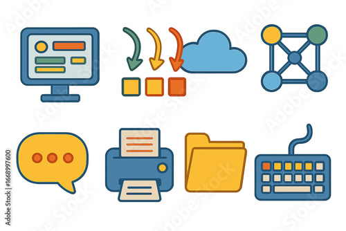 Colorful Digital Icons Grid. Flat vector mini-illustrations information output in colors children's illustrations: computer screen