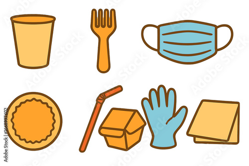 Colorful Disposable Icons. Flat vector mini-illustrations disposable items in colors children's illustrations: paper cup, plastic