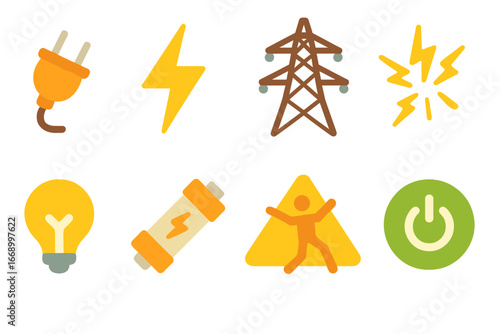 Colorful Electric Icons. Flat vector mini-illustrations electricity in colors children's illustrations: electric plug, lightning