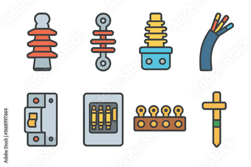 Colorful Electrical Insulators. Flat vector mini-illustrations electrical insulators in colors children's illustrations: high