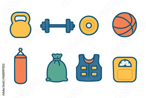 Colorful Fitness Icons. Flat vector mini-illustrations heavy weights in colors children's illustrations: kettlebell, barbell,