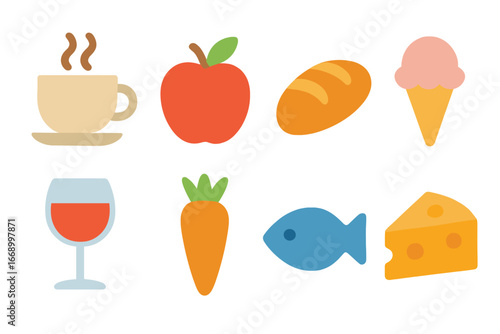Colorful Food Icons. Flat vector mini-illustrations logo food and drink icons in colors children's illustrations: coffee cup,
