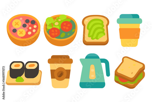 Colorful Food Icons. Flat vector mini-illustrations modern food in colors children's illustrations: smoothie bowl, salad, avocado