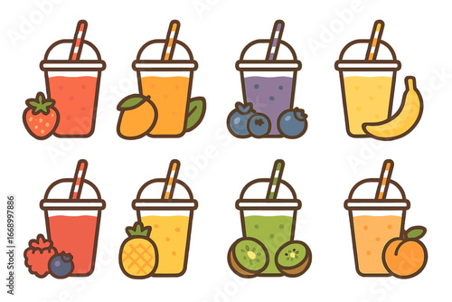 Colorful Fruit Smoothies. Flat vector mini-illustrations juicy fruit smoothies in colors children's illustrations: strawberry