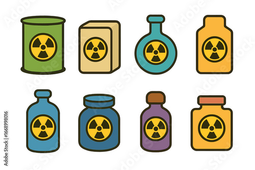 Colorful Isotope Icons. Flat vector mini-illustrations radioactive isotopes in colors children's illustrations: uranium, plutonium