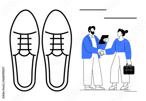 Formal shoes and two professionals shaking hands with a tablet and briefcase. Ideal for business cooperation, professionalism, negotiation, networking, formal attire, agreements, simple flat metaphor
