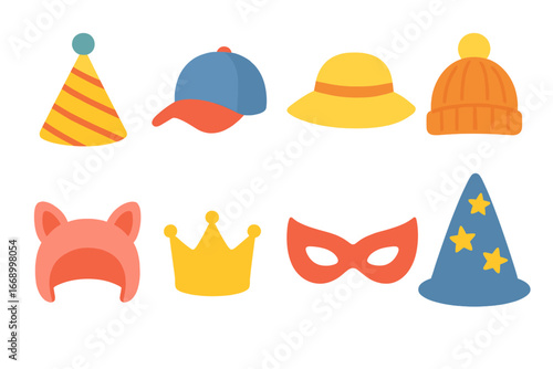 Colorful Kids' Hats. Flat vector mini-illustrations hats for kids in colors children's illustrations: party hat, baseball cap, sun