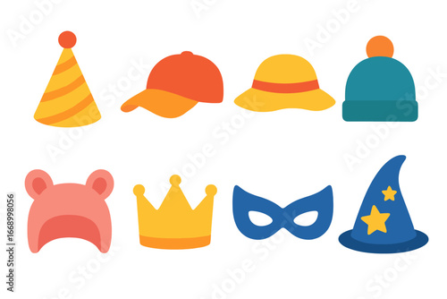 Colorful Kids' Hats. Flat vector mini-illustrations hats for kids in colors children's illustrations: party hat, baseball cap, sun