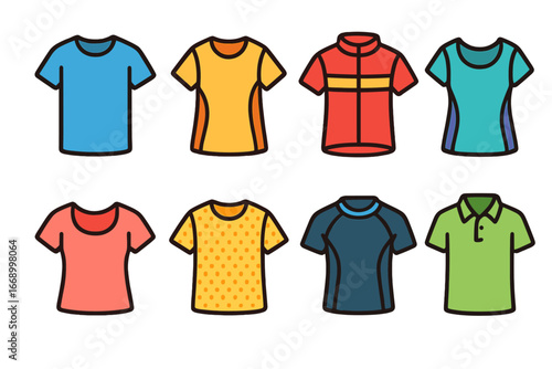 Colorful Kids' Sportswear. Flat vector mini-illustrations short sleeve sportswear in colors children's illustrations: athletic