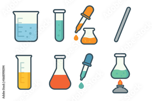 Colorful Lab Icons. Flat vector mini-illustrations laboratory solutions in colors children's illustrations: beaker with solution,