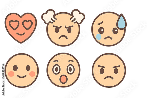 Colorful Manga Emotions Grid. Flat vector mini-illustrations manga emotions in colors children's illustrations: heart eyes, angry