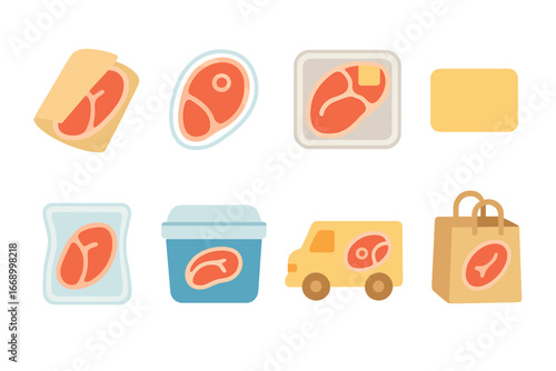 Colorful Meat Packaging Icons. Flat vector mini-illustrations meat packaging in colors children's illustrations: butcher paper,