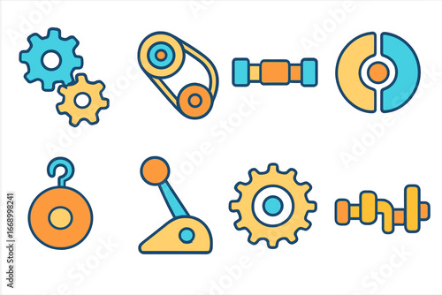 Colorful Mechanical Icons. Flat vector mini-illustrations mechanical transmission in colors children's illustrations: gear wheels,