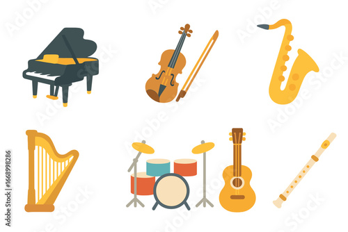 Colorful Musical Instruments. Flat vector mini-illustrations rich musical instruments in colors children's illustrations: grand