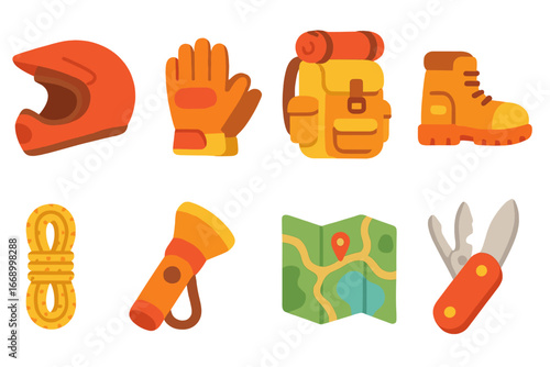 Colorful Off-Road Gear. Flat vector mini-illustrations off-road gear in colors children's illustrations: helmet, gloves, backpack,