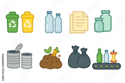 Colorful Recycling Icons. Flat vector mini-illustrations sorting in colors children's illustrations: recycling bins, plastic