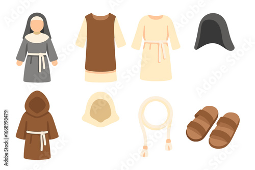 Colorful Religious Robes. Flat vector mini-illustrations Religious robes in colors children's illustrations: habit, scapular,